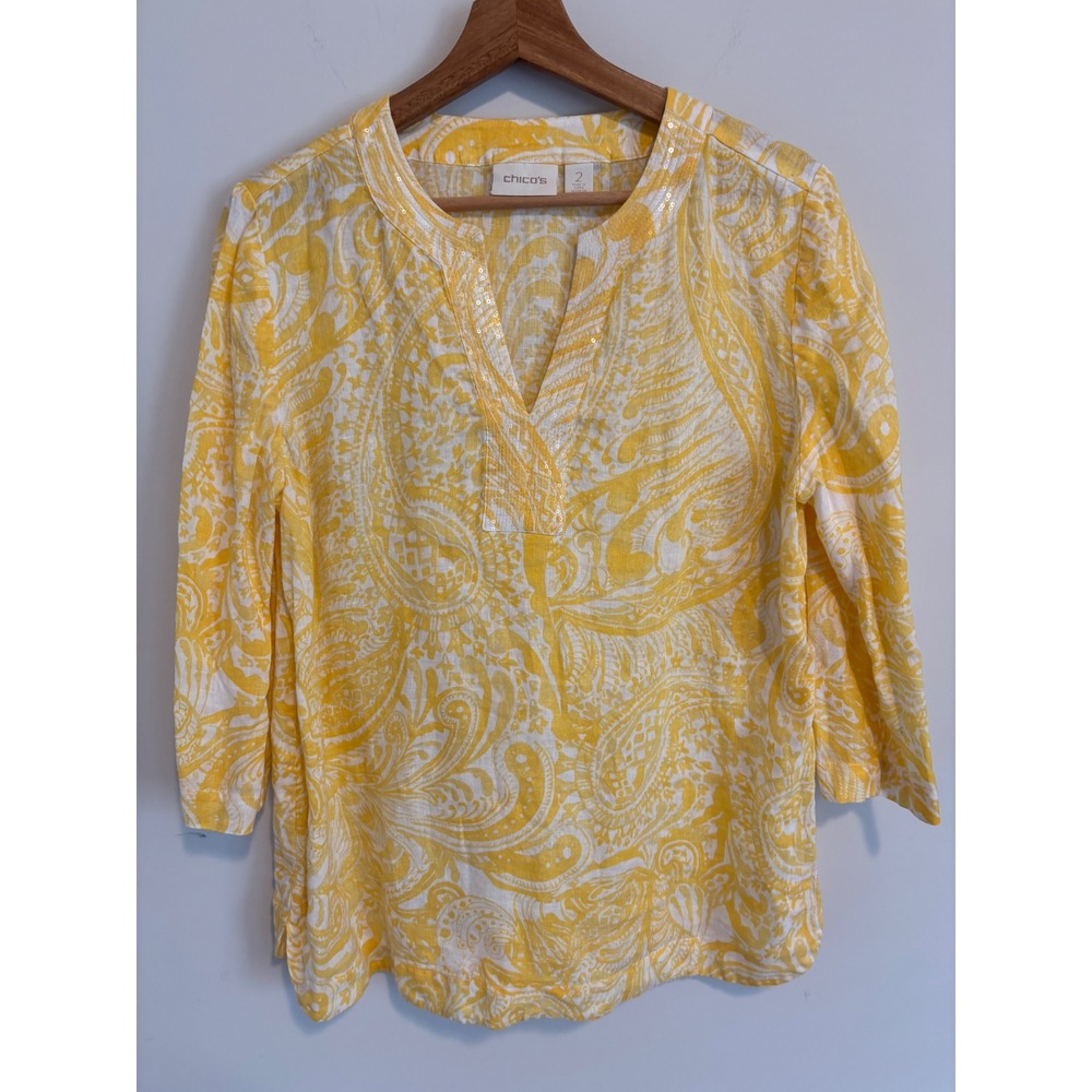 Chicos Yellow Paisley Linen Sequin V-Neck Tunic Top Size 2 Large 3/4 Sleeve